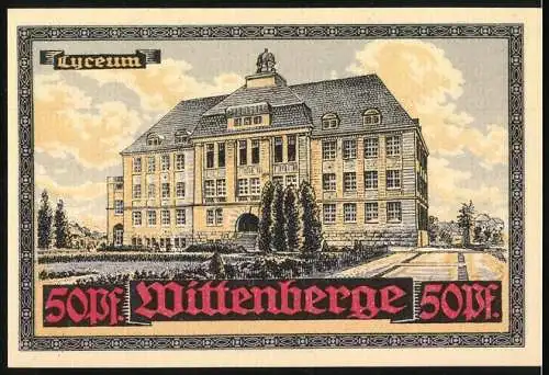 Notgeld Wittenberge, 50 Pf., Gutschein des Schutzverbandes für Handel und Gewerbe, Lyceum Gebäudeabbildung