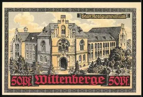 Notgeld Wittenberge, 50 Pf, Gutschein des Schutzverbandes für Handel und Gewerbe mit Stadt Realgymnasium