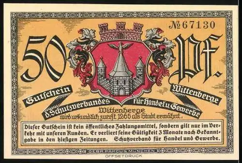 Notgeld Wittenberge, 50 Pf, Elbbrücke und Stadtwappen mit Burg