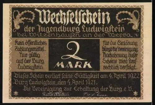 Notgeld Witzenhausen 1921, 2 Mark, Jugendburg Erinnerungsstätte und Wandervögel