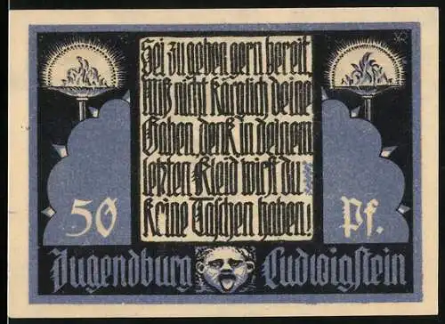 Notgeld Witzenhausen 1921, 50 Pf, Jugendburg Wechselschein mit stilisierter Schrift und Fackeln