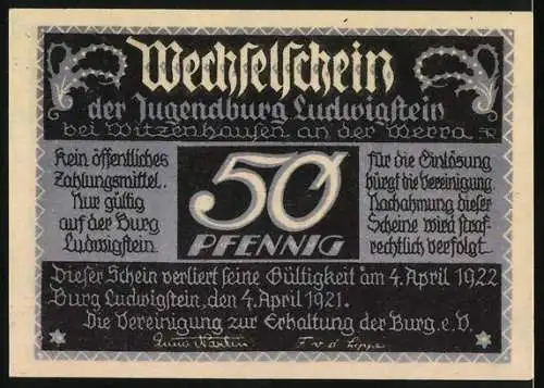 Notgeld Witzenhausen 1921, 50 Pf, Jugendburg Wechselschein mit stilisierter Schrift und Fackeln