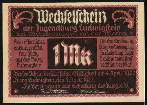 Notgeld Witzenhausen 1921, 1 Mark, historische Burgillustration und Text