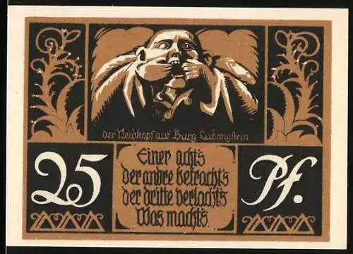 Notgeld Witzenhausen 1921, 25 Pf, Wechselschein der Jugendburg mit Burgmotiv und Spruch