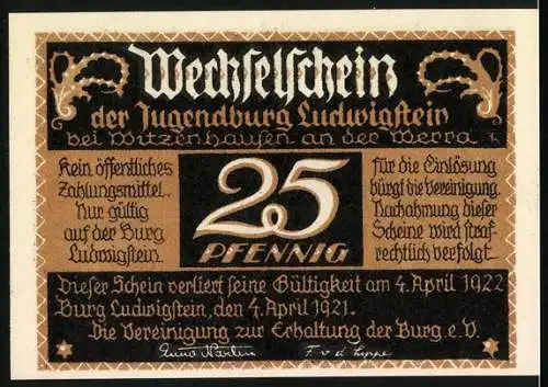 Notgeld Witzenhausen 1921, 25 Pf, Wechselschein der Jugendburg mit Burgmotiv und Spruch