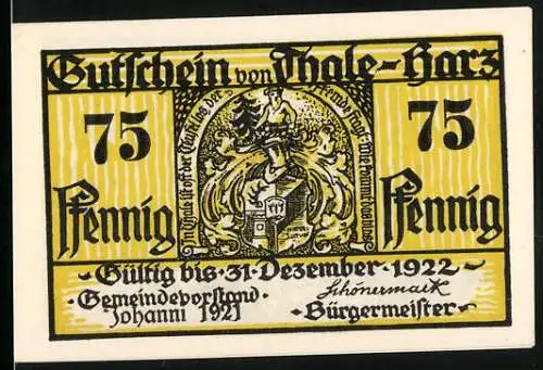 Notgeld Thale / Harz 1922, 75 Pfennig, Wappen, Rückseite Eisenhüttenwerk