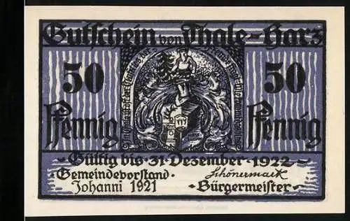 Notgeld Thale / Harz 1921, 50 Pfennig, Vorderseite mit Wappen und Rückseite Walpurgishalle