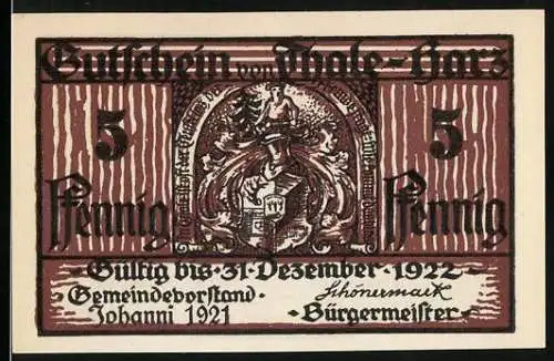 Notgeld Thale / Harz 1921, 5 Pfennig, Wappen und Bergtheater mit Text und Drucken