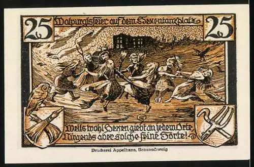 Notgeld Thale / Harz, 1921, 25 Pfennig, Hexentanzplatzszene mit Burg und kämpfenden Hexen