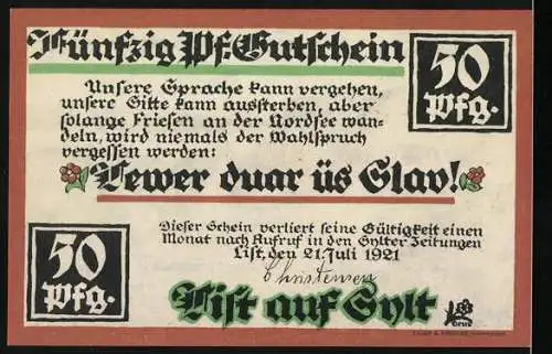 Notgeld List auf Sylt 1921, 50 Pfennig, Reetgedecktes Haus und Spruch veer düar üs Slav