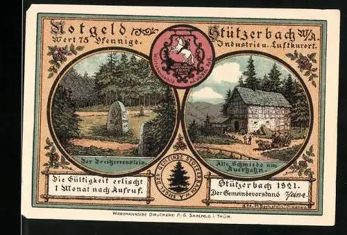 Notgeld Stützerbach 1921, 75 Pfennig, Dreiherrenstein und alte Schmiede auf Vorderseite, Auszug Runkelrüben Schützen