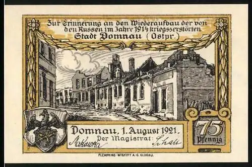 Notgeld Domnau 1921, 75 Pfennig, Wiederaufbau und Stadtansicht