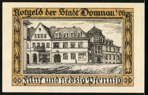 Notgeld Domnau 1921, 75 Pfennig, Wiederaufbau und Stadtansicht