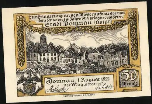 Notgeld Domnau 1921, 50 Pfennig, Gebäude und Landschaftsansicht mit Stadtwappen und Inschrift