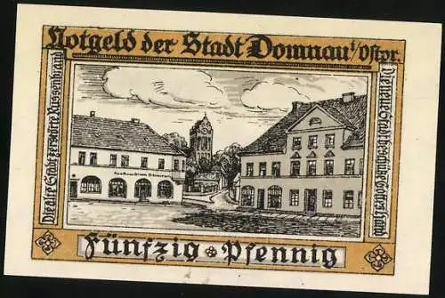 Notgeld Domnau 1921, 50 Pfennig, Gebäude und Landschaftsansicht mit Stadtwappen und Inschrift