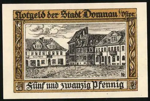 Notgeld Domnau 1921, 25 Pfennig, Marktplatz und Kriegszerstörung