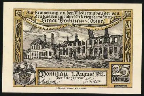 Notgeld Domnau 1921, 25 Pfennig, Marktplatz und Kriegszerstörung