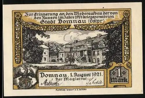 Notgeld Domnau 1921, 1 Mark, Gebäudeansichten und Stadtwappen