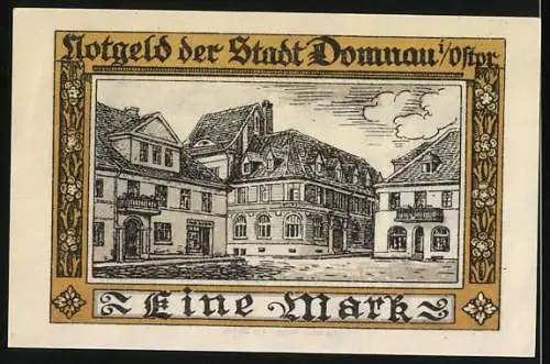 Notgeld Domnau 1921, 1 Mark, Gebäudeansichten und Stadtwappen