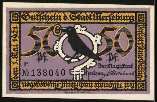 Notgeld Merseburg 1921, 50 Pfennig, Der Dom und Rabe mit Ring