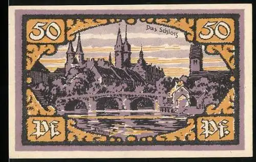 Notgeld Merseburg 1921, 50 Pfennig, Schloss und Rabe auf einem Schlüssel