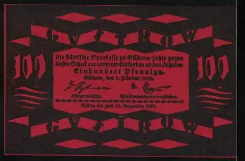 Notgeld Güstrow 1922, 100 Pfennig, rotes Design mit Gebäudeabbildung