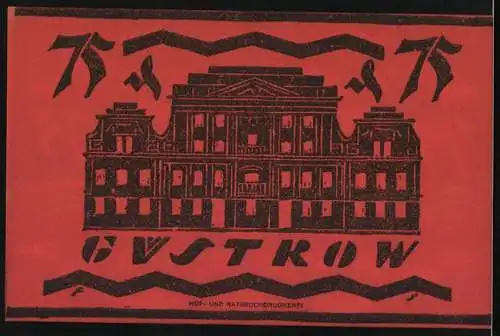 Notgeld Güstrow 1922, 75 Pfennig, Gebäudeansicht und Text, rot-schwarz