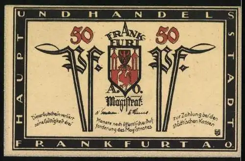 Notgeld Frankfurt an der Oder, 50 Pfennig, Rathaus mit gotischer Architektur und Stadtwappen der Haupt- und Handelsstadt