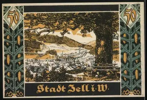 Notgeld Zell im Wiesental, 1921, 50 Pfennig, Verzierte Vorderseite mit Schriftzug und Landschaft auf der Rückseite