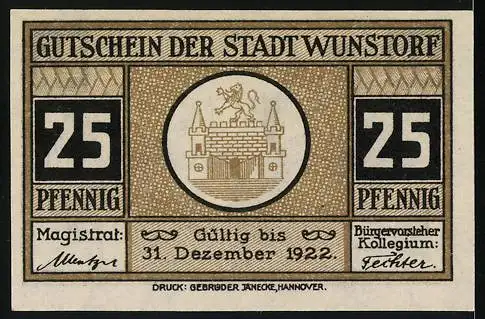 Notgeld Wunstorf, 1922, 25 Pfennig, Langestrasse mit Stadtkirche und Stadtwappen