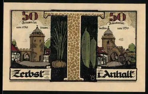 Notgeld Zerbst, 1921, 50 Pfennig, Frauentor & Wappen