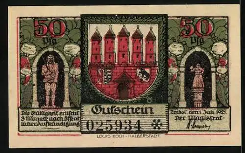 Notgeld Zerbst, 1921, 50 Pfennig, Frauentor & Wappen