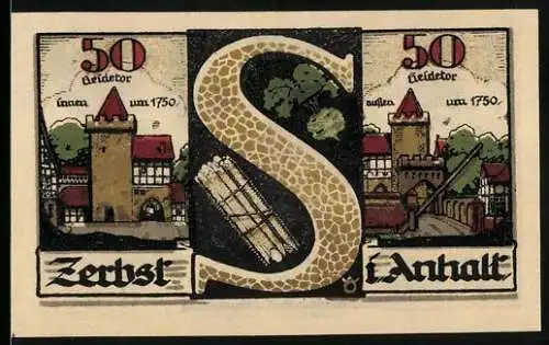 Notgeld Zerbst Anhalt 1921, 50 Pfennig, historische Gebäude und Wappen, Seriennummer 25034