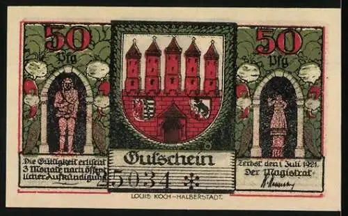 Notgeld Zerbst Anhalt 1921, 50 Pfennig, historische Gebäude und Wappen, Seriennummer 25034