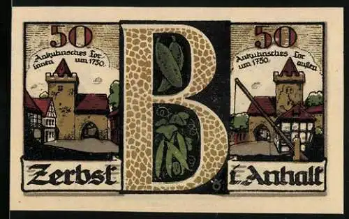 Notgeld Zerbst Anhalt 1921, 50 Pf, mittelalterliches Stadtmotiv mit Türmen und Figuren