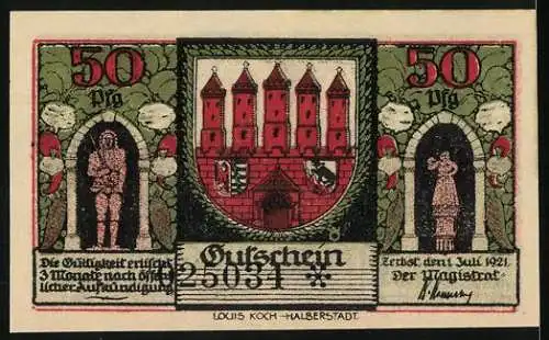 Notgeld Zerbst Anhalt 1921, 50 Pf, mittelalterliches Stadtmotiv mit Türmen und Figuren