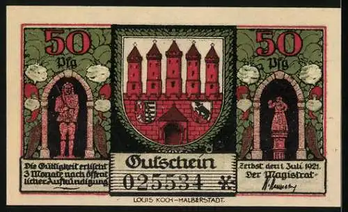 Notgeld Zerbst 1921, 50 Pf, Dornburger Tor, Schloss, Gutschein, nummeriert 025534