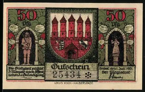 Notgeld Zerbst 1921, 50 Pfennig, Rathaus, Neues Haus, Stadtwappen in der Mitte, links und rechts stehende Figuren