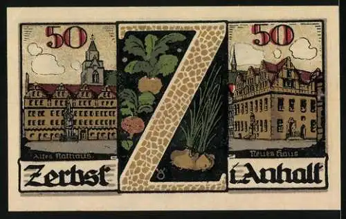 Notgeld Zerbst 1921, 50 Pfennig, Rathaus, Neues Haus, Stadtwappen in der Mitte, links und rechts stehende Figuren