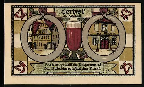 Notgeld Zerbst, 1921, 25 Pfennig, Rathaus und historische Gebäude, Wappen mit Türmen, Gültigkeit 3 Monate