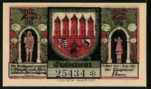 Notgeld Zerbst, 1921, 25 Pfennig, Rathaus und historische Gebäude, Wappen mit Türmen, Gültigkeit 3 Monate