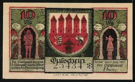 Notgeld Zerbst in Anhalt 1921, 10 Pfennig, Ansicht des Museums und Wappen der Stadt mit Burgtor