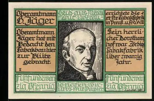 Notgeld Zörbig, 1921, 25 Pfennig, Porträt Oberamtmann B. Jäger und Stadtwappen mit Flügeln