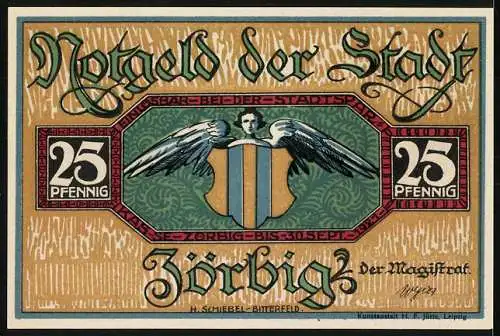 Notgeld Zörbig, 1921, 25 Pfennig, Porträt Oberamtmann B. Jäger und Stadtwappen mit Flügeln