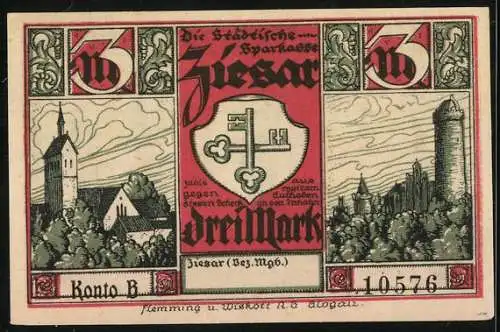 Notgeld Ziesar, 3 Mark, 1921, Klosternonnen nach dem Wendenkampf, Stadtansichten & Wappen