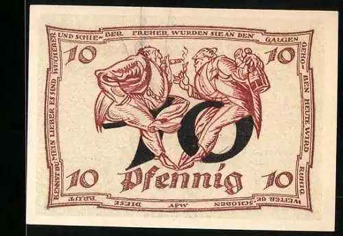 Notgeld Arnstadt 1921, 10 Pfennig, Zwei tanzende Männer und Adler im Zentrum