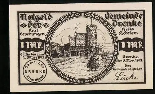 Notgeld Drenke 1921, 1 Mark, Burg und Fachwerkhäuser