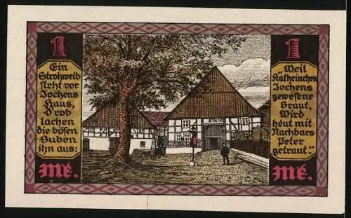 Notgeld Drenke 1921, 1 Mark, Burg und Fachwerkhäuser