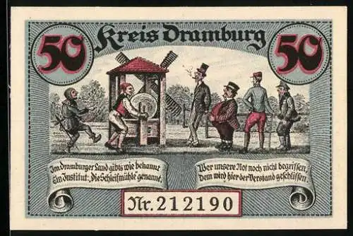 Notgeld Dramburg 1920, 50 Pfennig, Szene mit Schleifmühle und Bäuerin