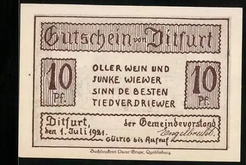 Notgeld Ditfurt, 1921, 10 Pf, Oller Wein und Junke Wiewer, Rathaus und Spelhus von 1330